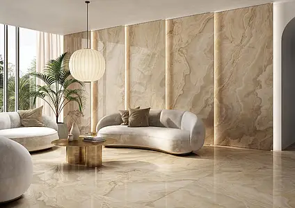 Background tile, Effect onyx, Color beige, Unglazed porcelain stoneware, 120x120 cm, Finish polished