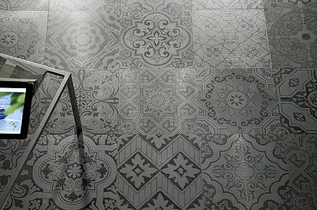 Bakgrunnsflis, Effekt faux encaustic-fliser, Farge grå, Stil patchwork, Uglasert porselenssteintøy, 29.75x29.75 cm, Overflate matt