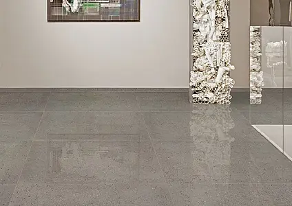 Grundflise, Effekt beton, Farve grå, Uglaseret porcelænsstentøj, 120x120 cm, Overflade poleret