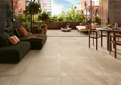 Grundflise, Effekt beton, Farve beige, Uglaseret porcelænsstentøj, 100x100 cm, Overflade skridsikker