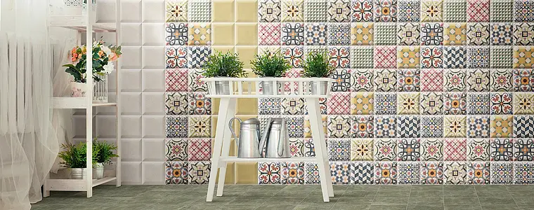 Background tile, Color multicolor, Style patchwork, Ceramics, 15x15 cm, Finish Honed