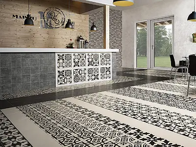 Carrelage, Effet imitation carreaux de ciment, Teinte noir et blanc, Céramique, 20x20 cm, Surface Satinée