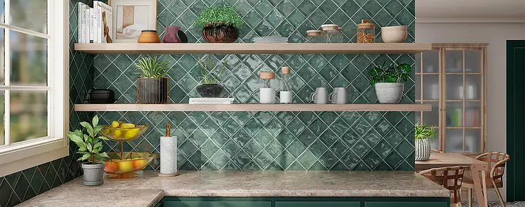 Background tile, Color green, Style handmade,zellige, Ceramics, 20x20 cm, Finish glossy
