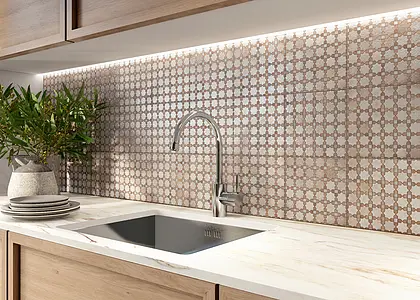 Mosaic effect tiles, Color beige, Style oriental, Glazed porcelain stoneware, 20x20 cm, Finish glossy