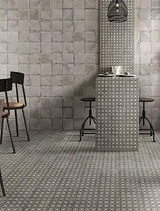 Carrelage, Effet imitation carreaux de ciment, Teinte grise, Grès cérame émaillé, 20x20 cm, Surface antidérapante