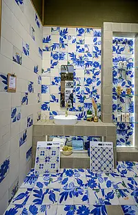 Grundflise, Farve marineblå,hvid, Stil patchwork,håndlavet, Glaseret porcelænsstentøj, 20x20 cm, Overflade blank