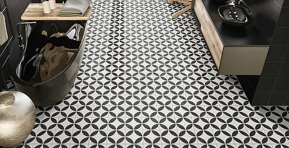 Background tile, Effect faux encaustic tiles, Color black,white, Glazed porcelain stoneware, 20x20 cm, Finish antislip