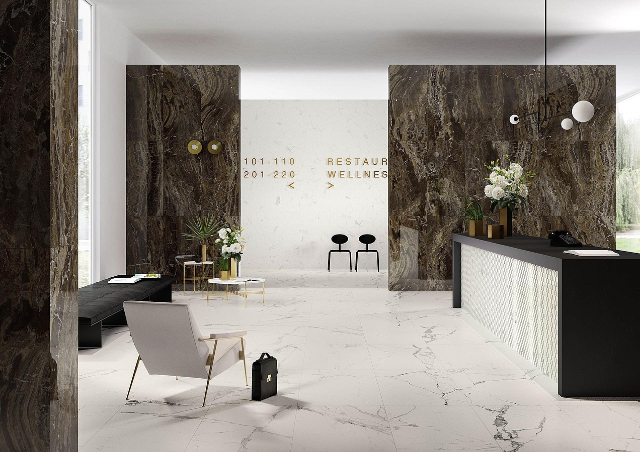 Marazzi-allmarble-6Stone effect effect, 3D effect effect, Bathroom, Public spaces, Outdoors, Unglazed porcelain stoneware, wall & floor, Slip-resistance R11, R10, Matte surface, Polished surface, Rectified edge, Shade variation V2, V3