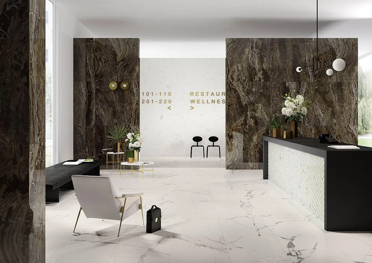 Background tile, Effect statuario, Color white, Unglazed porcelain stoneware, 60x120 cm, Finish matte
