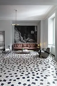 Grundflise, Effekt terrazzo, Farve sort-hvid, Uglaseret porcelænsstentøj, 120x120 cm, Overflade poleret