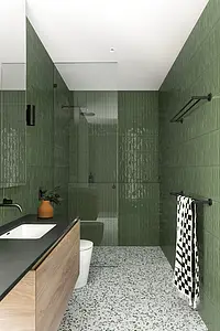 Bakgrundskakel, Textur enfärgad, Färg grön, Stil hanverksmässig,zellige, Glaserad granitkeramik, 5.3x30 cm, Yta blank