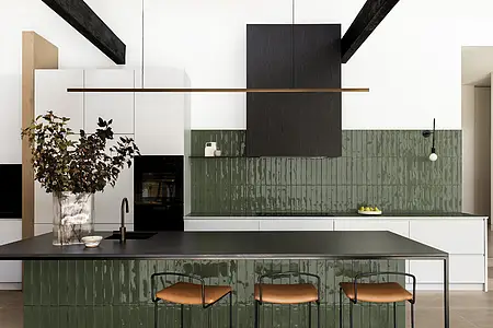 Background tile, Effect unicolor, Color green, Style handmade,zellige, Glazed porcelain stoneware, 5.3x30 cm, Finish glossy