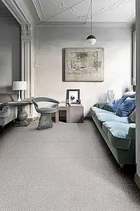 Bakgrunnsflis, Effekt terrazzo, Farge grå, Uglasert porselenssteintøy, 120x120 cm, Overflate matt