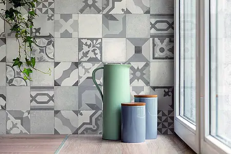 Bakgrundskakel, Textur enkaustisk kakel,betong, Färg grå, Stil patchwork, Kakel, 30x90 cm, Yta matt