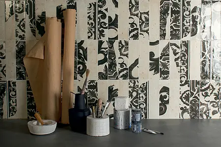 Grundflise, Farve sort-hvid, Stil patchwork, Glaseret porcelænsstentøj, 6x24 cm, Overflade blank