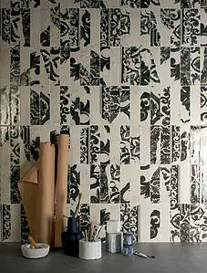 Basistegels, Kleur zwart-wit, Stijl patchwork, Geglazuurde porseleinen steengoed, 6x24 cm, Oppervlak glanzend