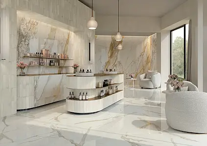 Background tile, Effect calacatta, Color white, Glazed porcelain stoneware, 120x278 cm, Finish polished