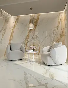 Azulejo base, Efecto calacata, Color blanco, Gres porcelánico esmaltado, 120x278 cm, Acabado pulido