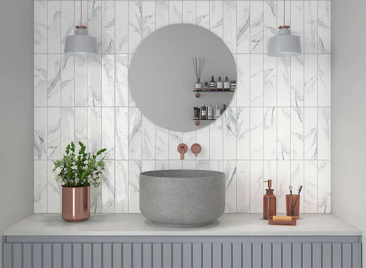 Background tile, Effect calacatta, Color grey, Ceramics, 7.5x30 cm, Finish glossy