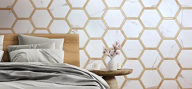 Background tile, Effect wood,other marbles, Color white, Glazed porcelain stoneware, 22x25 cm, Finish matte