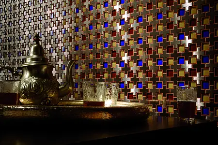 Effekt metal, Farve med flere farver, Mosaik flise, Glas, 30.4x30.4 cm, Overflade blank