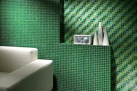 Mosaico, Effetto unicolore, Colore verde, Vetro, 32.7x32.7 cm, Superficie lucida