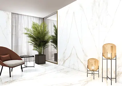 Background tile, Effect calacatta, Color white, Unglazed porcelain stoneware, 100x275 cm, Finish polished