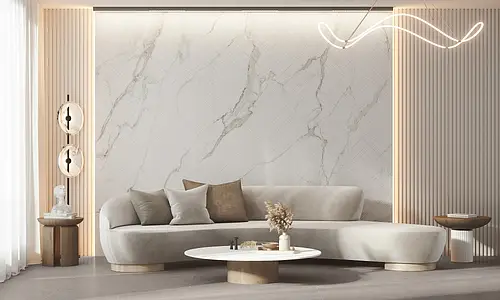 Grundflise, Effekt calacatta, Farve grå,hvid, Uglaseret porcelænsstentøj, 100x275 cm, Overflade mat