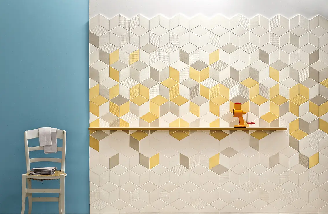 Background tile, Effect fabric, Color yellow, Style designer, Glazed porcelain stoneware, 11.5x20 cm, Finish antislip