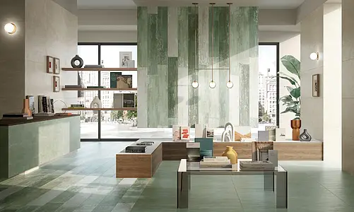 Background tile, Effect concrete, Color green,beige,white, Glazed porcelain stoneware, 20x120 cm, Finish matte