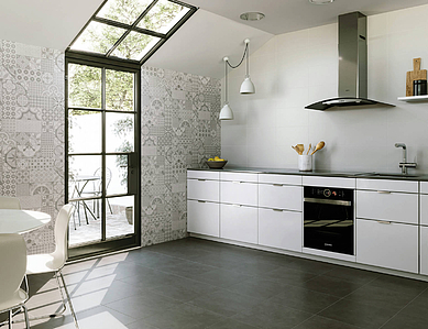 Carrelage, Effet imitation carreaux de ciment, Teinte grise, Style patchwork, Céramique, 25x50 cm, Surface mate