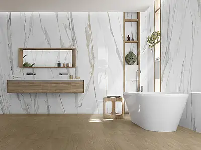 Background tile, Effect calacatta, Color white, Glazed porcelain stoneware, 120x280 cm, Finish polished