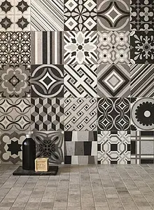 Carrelage, Effet imitation carreaux de ciment, Teinte grise, Style patchwork, Grès cérame émaillé, 20x20 cm, Surface antidérapante