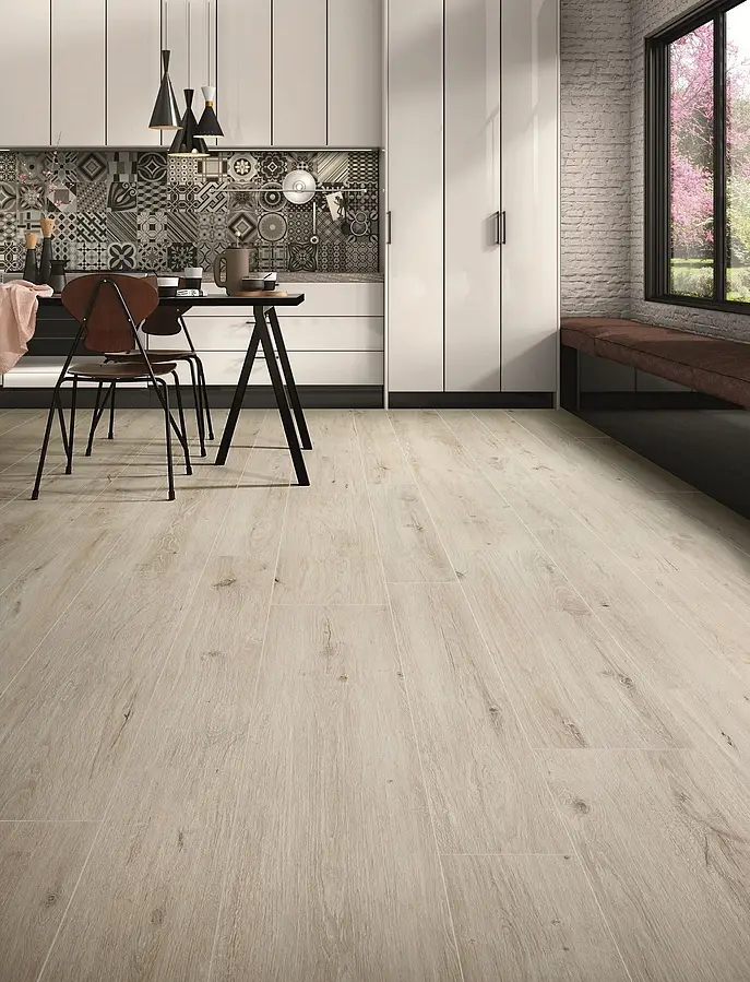 Background tile, Effect wood, Color white, Glazed porcelain stoneware, 20x120 cm, Finish antislip