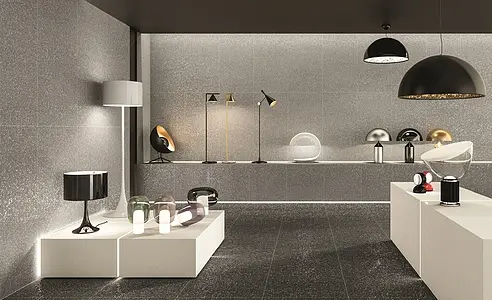 Effekt terrazzo, Farve grå,sort, Grundflise, Glaseret porcelænsstentøj, 60x120 cm, Overflade skridsikker