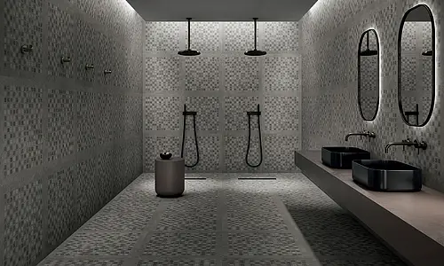 Effekt sten,beton, Farve grå,sort, Mosaikeffektfliser, Glaseret porcelænsstentøj, 80x80 cm, Overflade skridsikker