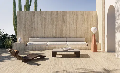 Carrelage, Effet travertin, Teinte beige, Grès cérame émaillé, 60x120 cm, Surface antidérapante