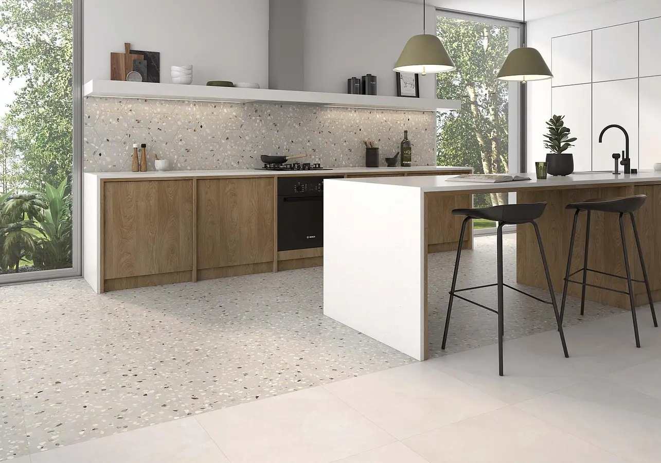 Background tile, Effect terrazzo, Color beige,multicolor, Glazed porcelain stoneware, 60x60 cm, Finish matte