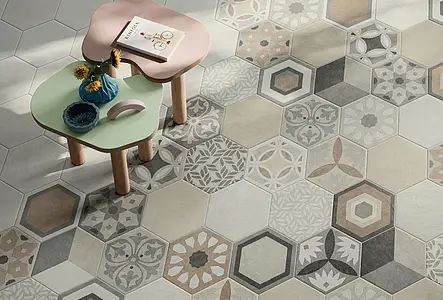 Background tile, Effect faux encaustic tiles, Color multicolor, Style patchwork, Glazed porcelain stoneware, 22x25 cm, Finish matte