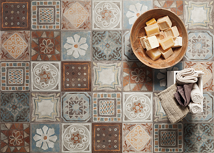 Memory Mood Porcelain Tiles produced by Panaria Ceramica, Style patchwork, Concrete effect, faux encaustic tiles