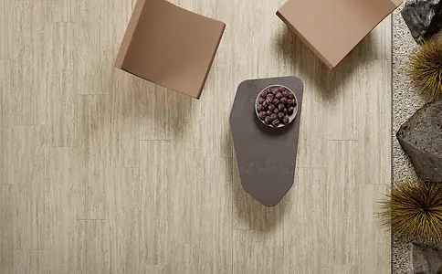 Grundflise, Effekt travertin, Farve beige, Glaseret porcelænsstentøj, 30x120 cm, Overflade skridsikker