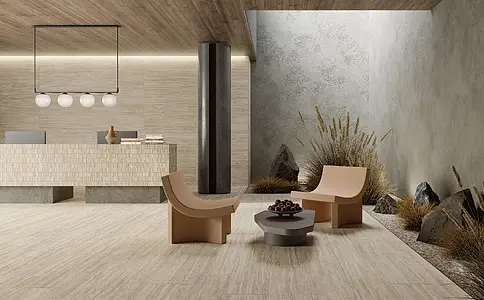 Grundflise, Effekt travertin, Farve beige, Glaseret porcelænsstentøj, 30x120 cm, Overflade skridsikker