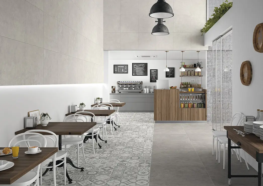 Background tile, Effect concrete, Color grey, Unglazed porcelain stoneware, 90x90 cm, Finish antislip