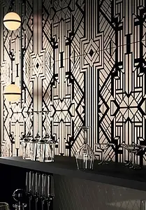 Taustalaatta, Teema metalli, Väri musta väri, Tyyli art-deco,käsitehty, Lasitettu porcellanato-laatta, 60x60 cm, Pinta matta