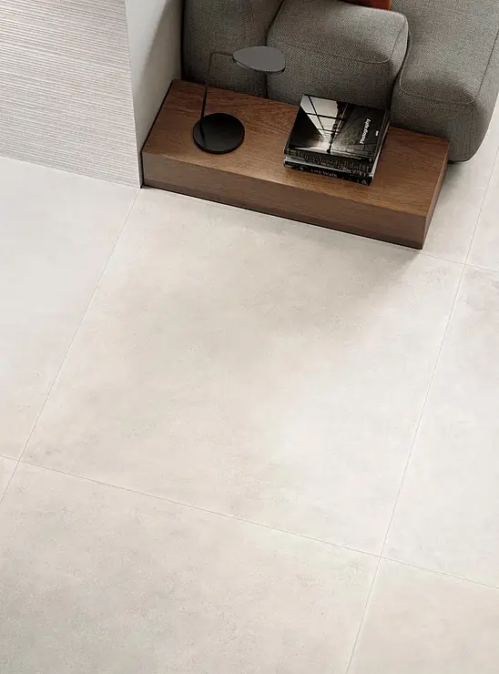 Background tile, Effect concrete, Color white, Style designer, Unglazed porcelain stoneware, 119.5x119.5 cm, Finish antislip