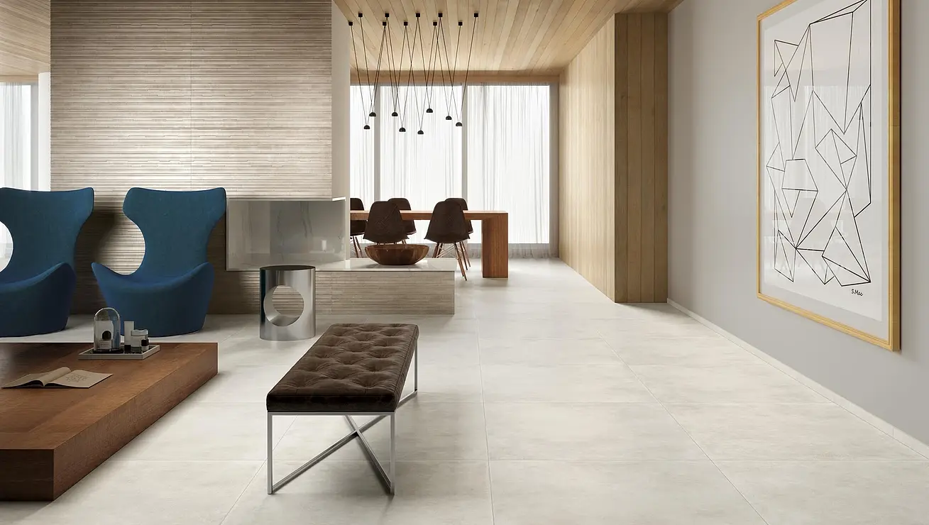 Background tile, Effect concrete, Color white, Style designer, Unglazed porcelain stoneware, 89.5x89.5 cm, Finish antislip