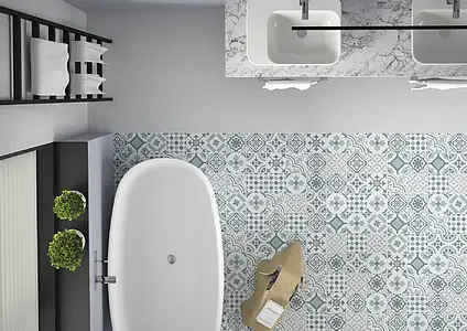 Background tile, Effect faux encaustic tiles, Color green,white,sky blue, Style patchwork, Glazed porcelain stoneware, 15x15 cm, Finish matte