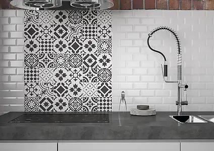 Carrelage, Effet imitation carreaux de ciment, Teinte noir et blanc, Style patchwork, Grès cérame non-émaillé, 15x15 cm, Surface mate