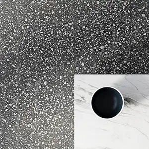 Background tile, Effect terrazzo, Color black & white, Glazed porcelain stoneware, 18.6x18.6 cm, Finish antislip