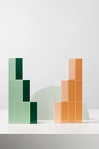 Basistegels, Effect eenkleurig, Kleur groene, Stijl designer, Geglazuurde porseleinen steengoed, 5x15 cm, Oppervlak glanzend